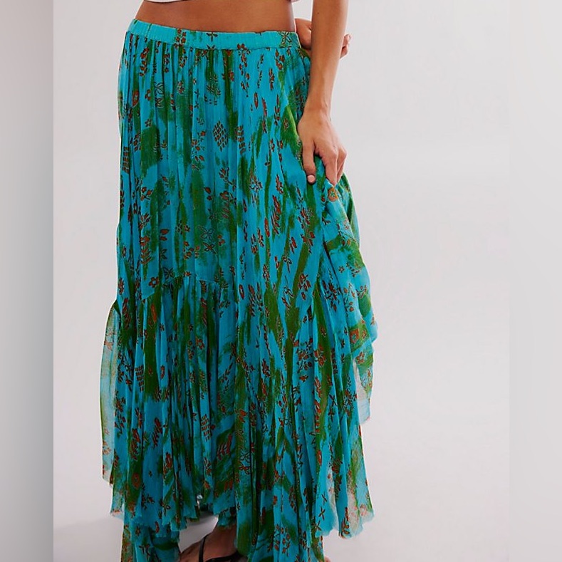 Turquoise Floral Asymmetrical Maxi Skirt